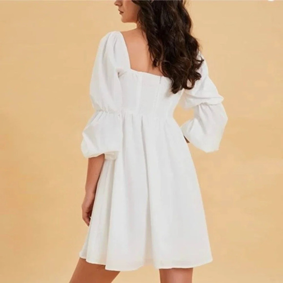 Womens Square Neck Dress Long Puff Sleeve A-Line Casual Short Mini Dress Bridal - Picture 4 of 5